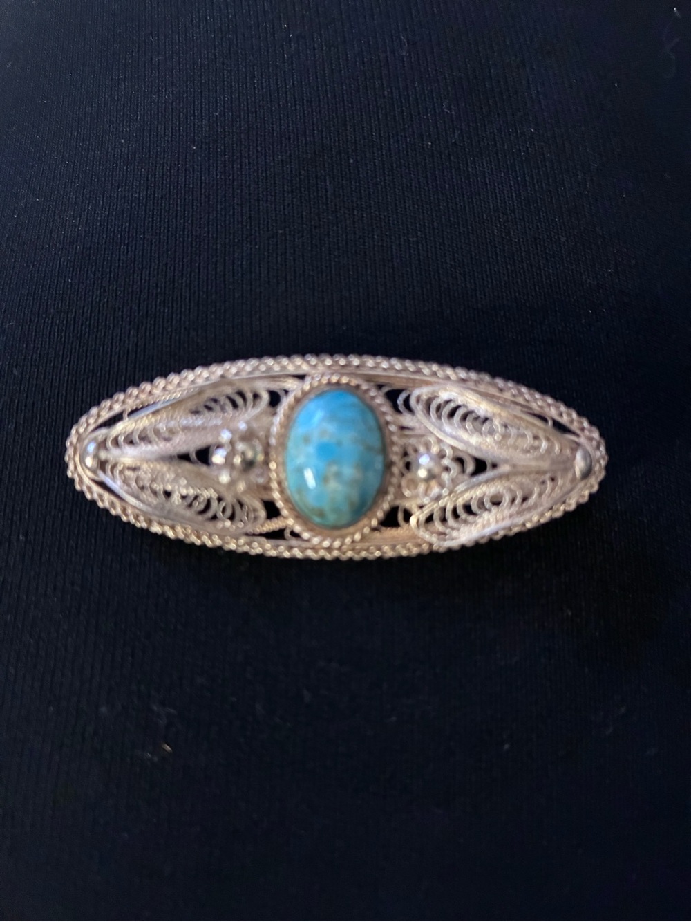 Vintage Silver Filigree Brooch with Turquoise Blue Cabochon